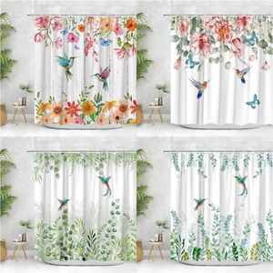 Duschvorhänge Blumenvorhang Aquarell Hummingbird Schmetterling grüne Blattpflanzen Garten moderne Polyester Stoff Badezimmerdekoration