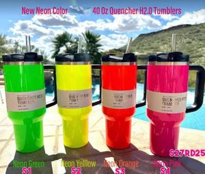 US Stock Neon Pink Flamingo Tumbler Quenching Agent H2.0 Replica 40oz Stainless Steel Cup Handle Lid and Straw Car Cup Water Bottle