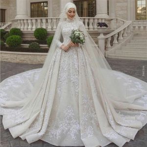Vestidos de noiva muçulmanos luxuosos renda alta laca mangas compridas lantejoulas de miçangas aplicadas com vestidos de noiva com véu feito vestidos de novia 318q