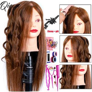 Mannequin Heads Professional Frisörer Manikin Head 18 tum 100% Human Hair Styling Training Cosmetics Doll Clip Bracket Q240510