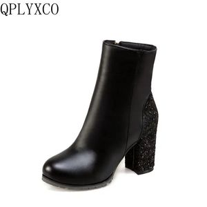 QPlyxco Nowa wyprzedaż Rosjanie ciepłe buty kostki duże małe rozmiar 31-50 kobiet Krótkie buty Bling Zipper High Heels Buty ślubne T3-2