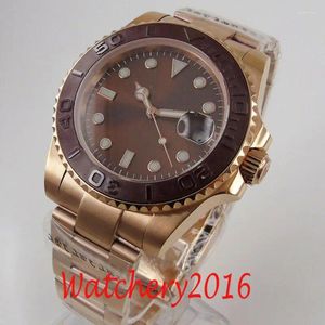 Wristwatches 40mm Sterile Brown Dial Brushed Rose Golden Ceramic Sapphire Glass Date Automatic Mens Watch Miyota 8215 Mingzhu 2813 Movement