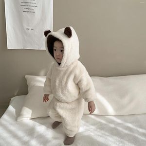 Kleidung Sets Kinder Junge Baby 2024 Herbst Winter Koreaner Kapuze mit langem Ärmeln ober elastische Taille Plüsch Verdickung warme Feste Farbe