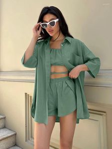 Home Clothing Marthaqiqi Spring Female Nightwear Suit Three Quarter Sleeve Pajama Turn-Down Collar Tank Tops Nightie Shorts Pyjama 3 Piece