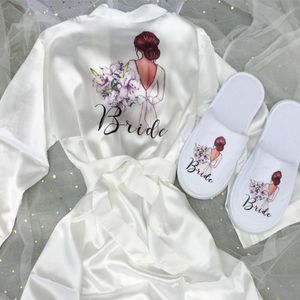 Druckfotos Kimono Satin Braut Robe Nachtwäsche für Brautjungfer Hochzeit Brautduschenparty Vorschlag vor. 305u