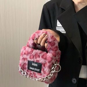 Abendtaschen Pink Leopard Frauen kleiner Quadratwindtasche Winter weibliche weiche Plüschkupplungsbeutel Handtaschen Kunsttaschen Kunsttaschen Kette Girls Kette