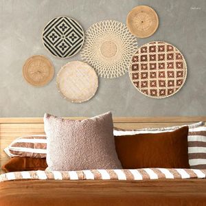 Figurine decorative Set di 6 cesti da muro di vimini a 6 rattan decorazione sospesa boho decorazione per casa paglia piatto intrecciato per la fattoria rustica camera da letto della fattoria rustica