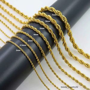 Gold Plated Rope Chain Stainless Steel Necklace for Women Men Golden Fashion Design Twisted Rope Chains Hip Hop Jewelry Gift 2 3 4 5 6 7mm 18-32inch Never Fade