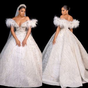 Stunning crystal ball gown Wedding Dress for black women feathers off shoulder wedding dresses lace up back robe de mariage African Bridal gowns