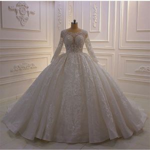 2021 Glitter Ball Gown Wedding Dresses Jewel Neck Long Sleeve Luxury Lace Appliques Bridal Gowns Plus Size Wedding Dress robes de marie 1897