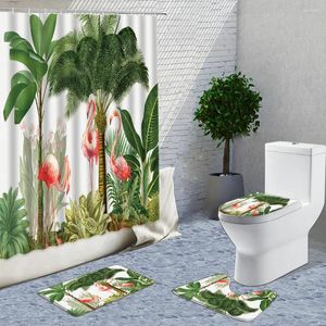Duschvorhänge Flamingo Vorhang Stoff 4pcs Set Tiermuster Badezimmer mit Stichteppichen und Flanellmatten Toilettenabdeckung