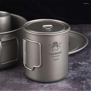 Kupalar 750ml Titanyum Kupa Pot Açık Dış Mekan Ultralight Taşınabilir Kapak ve Katlanabilir Kol Kamp Yürüyüş Backpacking