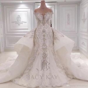 Luxury Crystal Beaded Lace Appliqued Off the Shoulder Pearl Mermaid Wedding Dresses With Detachable Sweep Train Sequined Bridal Gowns 284N