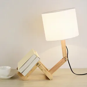 Table Lamps Robot Shape Wooden AC110-240V E14 LED Bulb White Cloth Study Reading Desk Lamp Parlor Bedroom Night Light