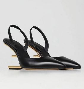 التصميم الأنيق في أول نساء صندل أحذية على شكل حرف F مدبب أخمص القدمين المضخات المعدنية ذات اللون الذهبي ، سيدة حفل زفاف زفاف زفاف Slingback EU35-43.box
