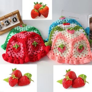 Strawberry knitted Y2k Crochet Hollow Flower Bucket Hat Women Cotton Handmade Girl Autumn Sweet Cute Basin Hat Wholesale 240509