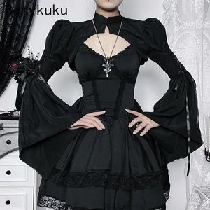 Jackets femininos Gothic Flare Manga Longa Corteped Top Shrug Women Stand Collar Retro Bodycon Coat Y2K Punk Coverp ups Rave Fort Bolero