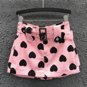 Röcke Plus Größe Pink Love Denim Rock Frauen Frühling/Sommer 2024 Koreanischer Stil Gewürz Mädchen Schlähne hohe Taille mit Gürtel Hüft -Culottes