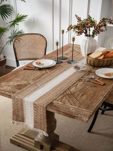 Table Runner Natural Cotton Burlap Striped Splicing Bohemian Style Tables Runner With Tassels Dining Wedding Home Decor 240509