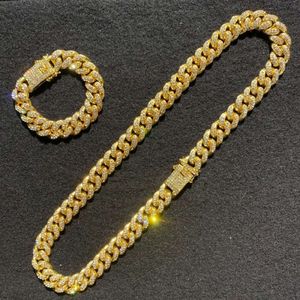 Gold Box Lock Iced Out 20Mm Cuban Link Chain Necklace Bracelet Diamond Jewelry Set