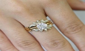 Unique Leaf Design 18K Rose Gold And Silver White Sapphire Diamond Wedding Engagement Ring Set Size 512276Y4498869