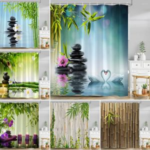 Cortinas de chuveiro Cortina de pedra zen Scenic River Lotus vela verde Bambu folhas Spa Purple Orchid Polyster Fabric Decor de banheiro