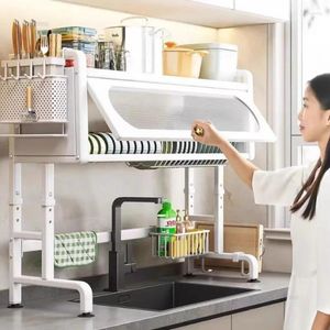 Kitchen Storage Sink Holder With Drip Tray Countertop Shelf Multi-functional Organizer Items Dust-proof Drain Rack E