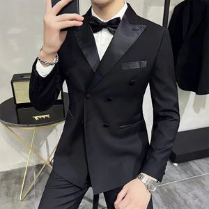 Men's Suits Blazers Fashion Men Double Breasted Plaid Suit Coat Pants 2 Pcs Set / Male Slim Fit Business Wedding Blazers Jacket Trousers #10