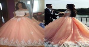 2018 New Peach Ball Gown Quinceanera Dresses For 15 Years Girl Off Shoulder Appliqued Lace Beaded Sweep Train Corset Cheap Formal 4091406