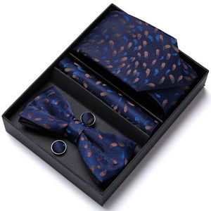 Neck Tie Set Mens Luxury Paisley Blue Silk Tie Pocket Squre Cufflinks Bowtie Set in Gift Box For Men Gift