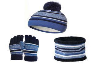 Kids Winter Hats Shawls Glov Kit de algodão Lão de algodão Utilizada pompom chapéu de gorro quente luva gato gato threepiece Harm set3776152