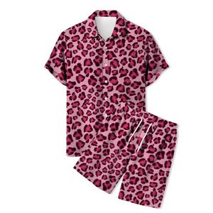 Herrspårar Fashion 2st Set Shirt Men 3D Leopard Print Camouflage Suit Collar Kort ärmskjortor+ byxor Hawaii Beach Style Q240501010