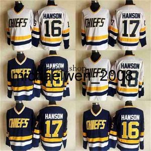 Vin Weng Slap Shot Movie Charlestown 18 Jeff Hanson 17 Steve Hanson 16 Jack Hanson Hockey Jersey White Blue Cucited Maglie Spedizione veloce