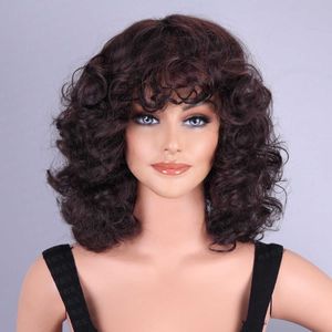水波形パターンふわふわした茶色の合成繊維ヘッドバンドエアバングス合成ウィッグイューウを備えた女性の短い髪