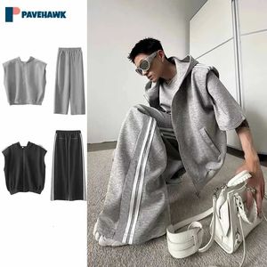 Koreli Erkekler Sıradan yaz Sweatshirt kolsuz şerit kapşonlu yelek pantolon iki parça set High Street Harajuku Sokak Giyim Takımları 240511