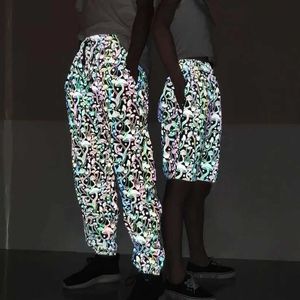 Men's Pants Holographic Unisex Womens Reflective Rave Mushroom Pattern Pants Shining Colorful Harajuku Hip Hop Dance Fluorescent PantsL2405