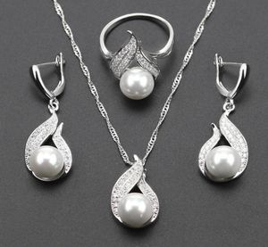 925 Silver Color S Shaped imitation White Pearl Jewelry Set For Women Christmas Gift Silver Color Necklace Earring Ring js319231936