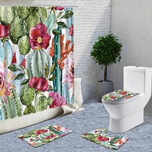 Duschvorhänge Cartoon Kaktus Vorhang Stoff handbemalte grüne Pflanzenbades Dekor Badezimmer mit Teppichen und Stich