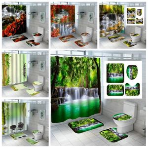 Shower Curtains Forest Landscape Bathroom Curtain Natural Scenery Waterfall Green Bamboo Stone Print Waterproof Fabric Bath Nonslip Mat