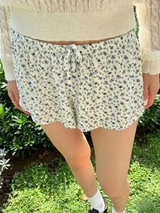 Women's Shorts Women Floral Print Drawstring 2024 Ladies Casual Elastic High Waist Cotton Straight Female Vintage Sweet