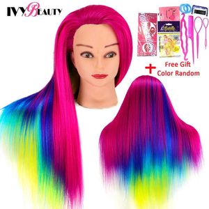 Mannequin -Köpfe 29 -Zoll -Friseursalon Regenbogen Synthetische Friseure Körpermodellpuppenkopf für Styling -Praxis Q240510