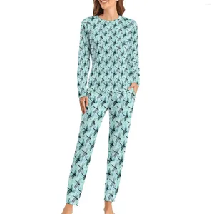 女性用スリープウェアドラゴンフライプリントパジャマかわいい動物2ピースベッドルームパジャマセット女性長袖カワイイ特大のナイトウェア