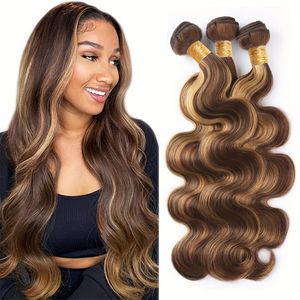 P4/27 Highlight 3.53oz Brazilian Body Wave Hair Weave Bundle Remi Human Hair Extensions Cabelo Humano Virgem Colored Brown Honey Blonde Double Weft For Women 12-28inch