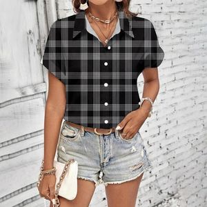 女性用ブラウスシャツレトロエレガントな格子ファッションルーズフィッティング2024夏の短いレジャースリーブ