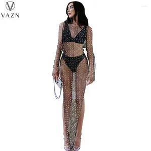 Casual Dresses VAZN 2024 Long Sleeve Round Neck Dress Pure Color Lady Floor Length Fashion Women Sexy Club Party Style Net Yarn