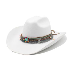 9.5cm Big Brim estilo étnico Capata -cowboy Moda chique unissex Solid Color Jazz Hat com decoração Chapéus de cowboy ocidentais