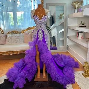 Africano Sexy Sexy Mermaid Prom Vestidos de Backless Front Slit Ruffles Vestido de concurso para mulheres 2024 Sparkys Crystals Crystals Longa Evening Court Court Train