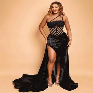 Aso Ebi 2022 Arabic Plus Size Black Sexy Velvet Evening Dresses Lace Beaded High Split Prom Formal Party Second Reception Gowns B0804G0 192U