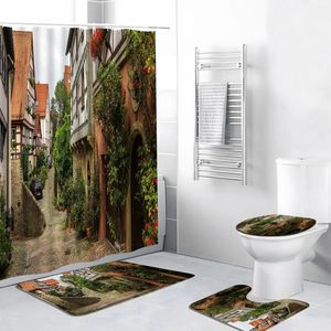 Tende per doccia 4pcs/set da strada da scenario per paesaggio pianta di fiori retrò porta estate arredamento rurale decorazione bagno tappeto tappeto da bagno