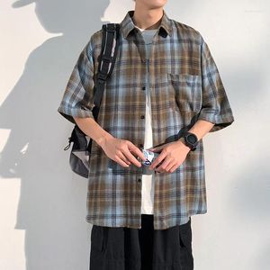 Men's Casual Shirts Short-sleeved Shirt Summer Hong Kong Wind Loose Plaid